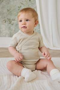 Skirts Shorts: Organic Cotton Fine Rib Micah Short Sleeve Playsuit - Petite Stripe Hay/Cloud