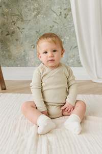 Playsuits And Rompers: Organic Cotton Fine Rib Micah Long Sleeve Playsuit - Petite Stripe Hay/Cloud