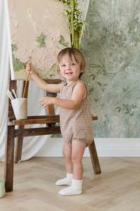Organic Cotton Bentley Playsuit - Cabin Check Cocoa