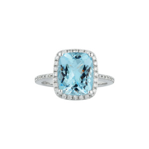 Royal Jewellery: 14k White Gold Aquamarine & Diamond Halo Ring
