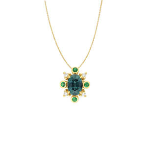 9k Yellow Gold Teal Sapphire & Tsavorite Green Garnet & Diamond Pendant