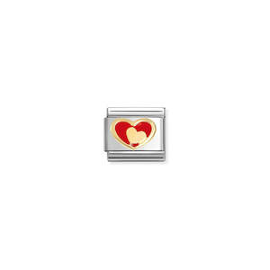 Nomination: Composable Classic Link 030283/28 Red Heart With Gold Heart In 18K Gold & Enamel