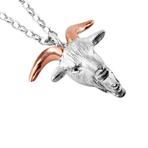 Karen Walker: Sterling Silver & 9k Rose Gold Goat Head with Garnet 60cm Necklace