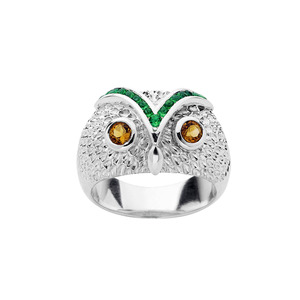 Sterling Silver Citrine and Biron Emerald Owl Ring