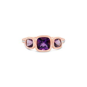 Rings: 9k Rose Gold Amethyst & Purple Amethyst 3 Stone Dress Ring