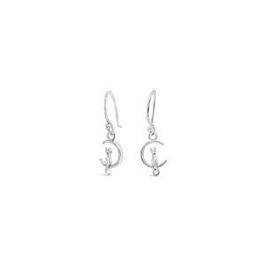 Sterling Silver Drop Tiny Cat in a Crescent Hook Earrings