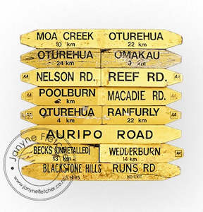 Classic Central Otago Landscapes: Charcoal Framed - Road Signs, Ida Valley, Central Otago