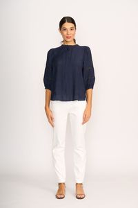 BLOUSE CHECK & LACE Navy
