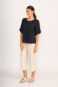 Preen: SCOOP RUFFLE SLEEVE TOP Navy Stripe