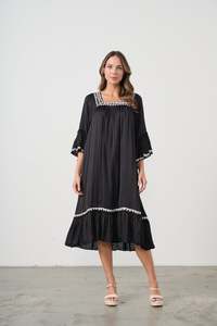 Dress Square Neck Applique & Beadwork Black