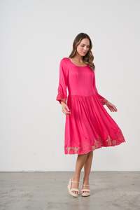 Dresses: Dress Contrast Embroidery Hot Pink