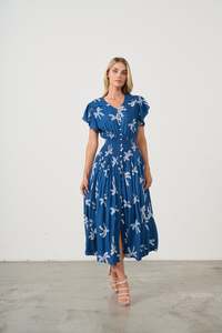 Dress The Palms Print w/Shirred Waist Navy