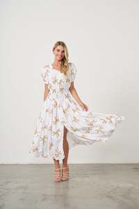 Dress The Palms Print w/Shirred Waist White
