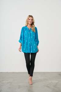 Shirt Oversize w/Flower Embroidery Blue