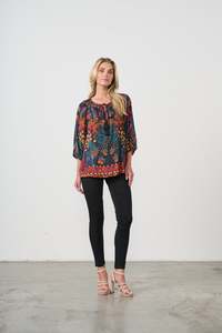 Blouse - Tropical Print & Tie Neckline – Black