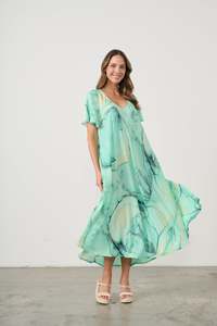 Caju: Swing Dress  Marble Print Bias Cut  Aqua