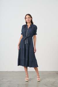 Dress Self Coloured Embroidery & Belt Navy