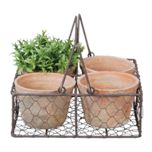 Gifts: Aged Terracotta 4 Pot Wire Basket