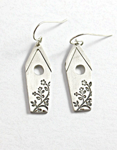 Products: Pure Silver Floral Design Bird House Earrings