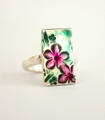 Pure Silver Cherry blossom Ring with Pink/Green resin Detail