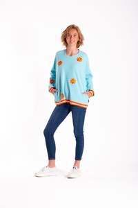 Sweatshirt: Sweatshirt Teal with Orange Flowers