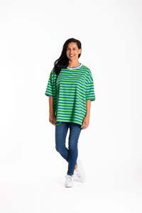 Top: Jellicoe Box Tee Green & Blue Stripe