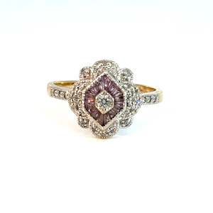 Jewellery Engagement Rings: Diamond and Pink Tourmaline Art Deco Style Ring in 18ct Gold