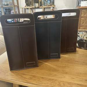 Mens: Stitched Leather Wine Tote Bag - Two Bottles