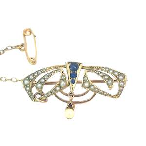 Antique Sapphire Seed Pearl Brooch in 15ct Yellow Gold