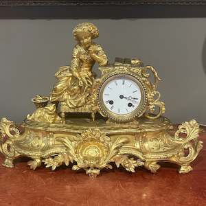Vintage: Antique French Gilt Clock - Girl with Cat