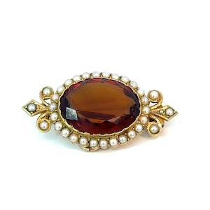 Antique Orange Topaz Seed Pearl Brooch