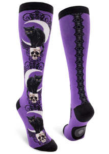 Funky Long Socks For The Ladies: Black Cat Moon - Knee Highs by Modsocks