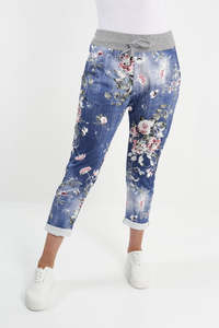 Italian Stretch Cotton Trousers ~ Floral Blue