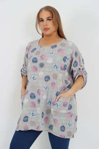 Italian Made Tops: Italian Cotton Top w/Front Pockets Polka ~ Beige Sz 14-22