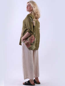 Italian Linen Floral Duo Button Top Olive Sz 10-16