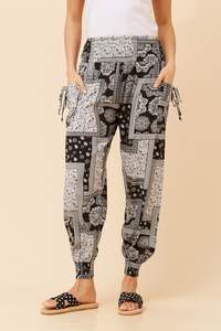 Italian Cotton Pants: Caroline Morgan Relaxed Patchwork Print Harem Pants ~ B&W