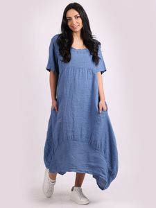 Italian Plain Square Neck Linen Dress Denim Sz 12-18
