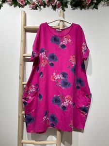 Italian Made Linen Cotton Clothing: Colette Italian Made Linen Blue Rose Dress ~ Fuschia