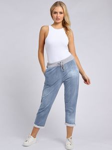Italian Stretch Cotton Trousers ~ Denim Look Light Blue