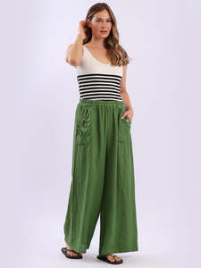 Italian Cotton Pants: Made in Italy Wide Leg Linen Trousers ~ Green