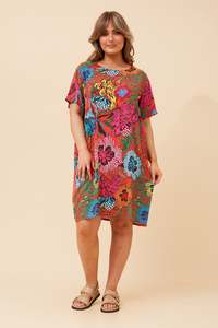 Italian Made Linen Cotton Clothing: Caroline Morgan Earthstone Shift Dress ~ Red