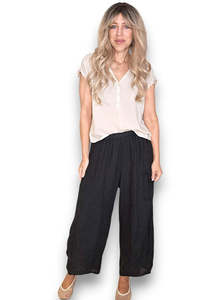 HELGA MAY Plain Barrel Leg Linen Pants ~ Black