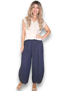HELGA MAY Plain Barrel Leg Linen Pants ~ Navy