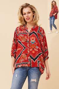 Caroline Morgan Viscose Print Top ~ Aztec Red