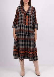 Italian Made Linen Cotton Clothing: Colette Cotton Check Dress ~ Black/Rust