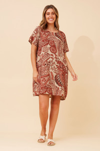 Caroline Morgan Viscose Print Aztec Dress ~ Rust