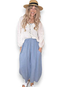 HELGA MAY Plain Barrel Leg Linen Pants ~ Light Blue