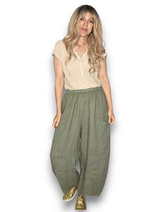 HELGA MAY Plain Barrel Leg Linen Pants ~ Forest