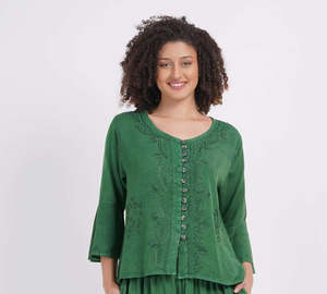 Embroidered 3/4 Sleeve Top in 100% Rayon ~ Green