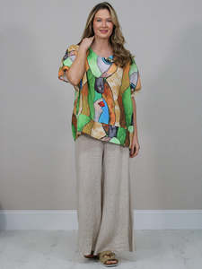 Italian Made Tops: Italian Made Linen/Viscose Blend Geo Faces Top ~ Rust